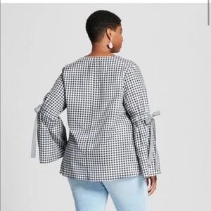 Ava + Viv Gingham Checker V Neck Cotton Blend Blouse Black White Size 2X